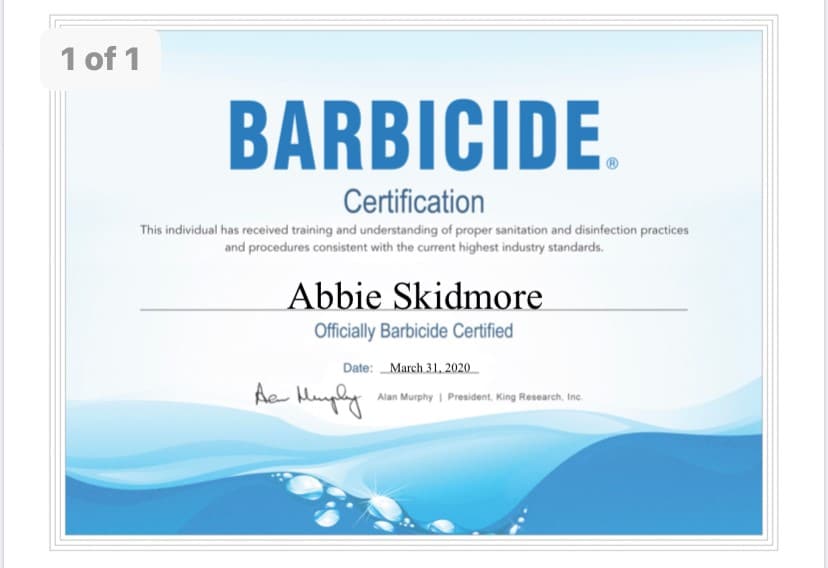 Abbie Skidmore Barbicide Certification