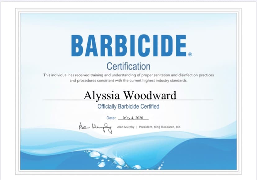 Alyssia Woodward Barbicide Certification