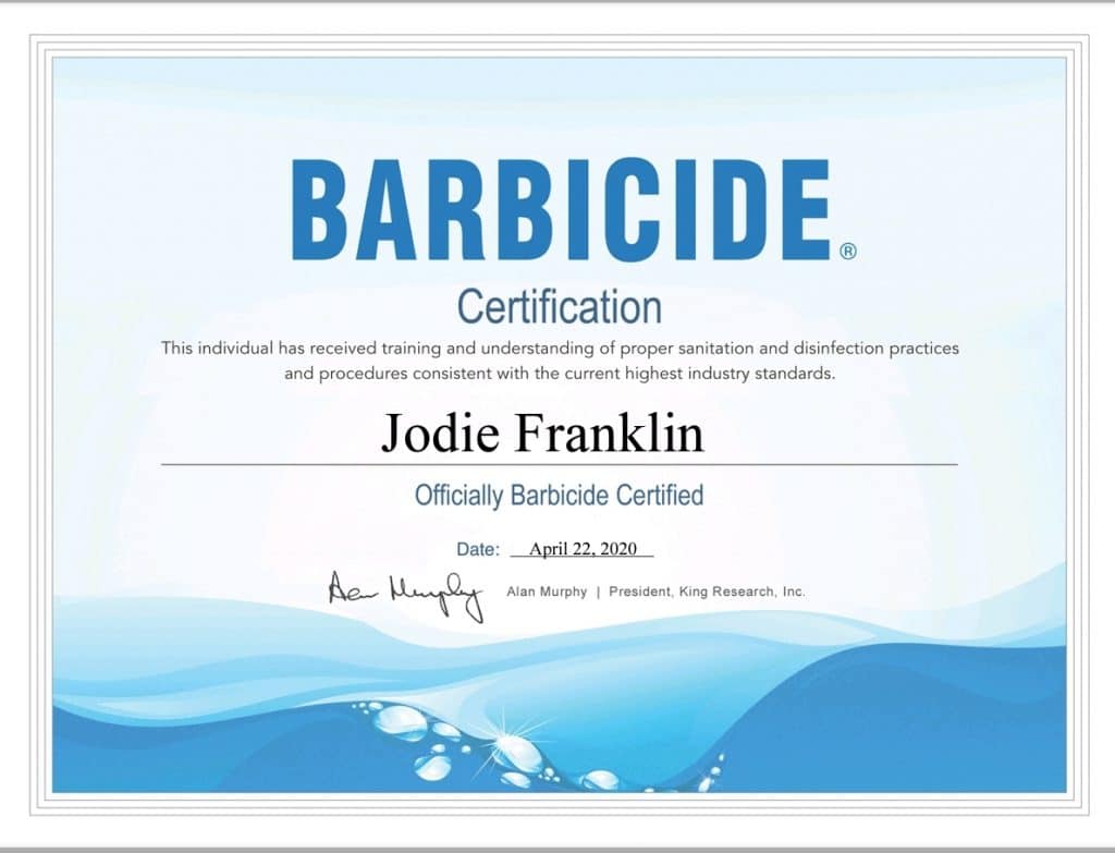 Jodie Franklin Barbicide Certification