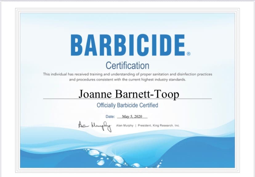 Joanne Barnett-Toop Barbicide Certification